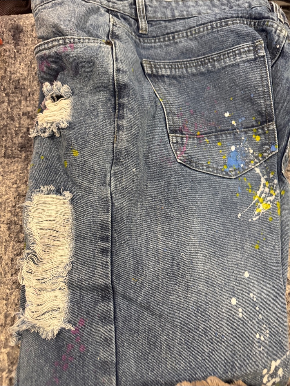 Men's Distressed Light Blue Paint-Splatter Jeans